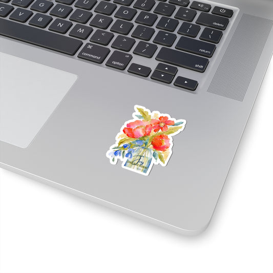 Joy Comes In The Morning, Watercolor Flowers Kiss-Cut Stickers, Red Blooms, Flowers in vase Stickers,