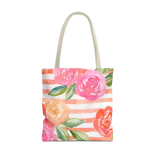 Peachy Keen Floral Striped Tote Bag, Petals & Pinstripe Collection, Peach, Pink, Green Floral Bag