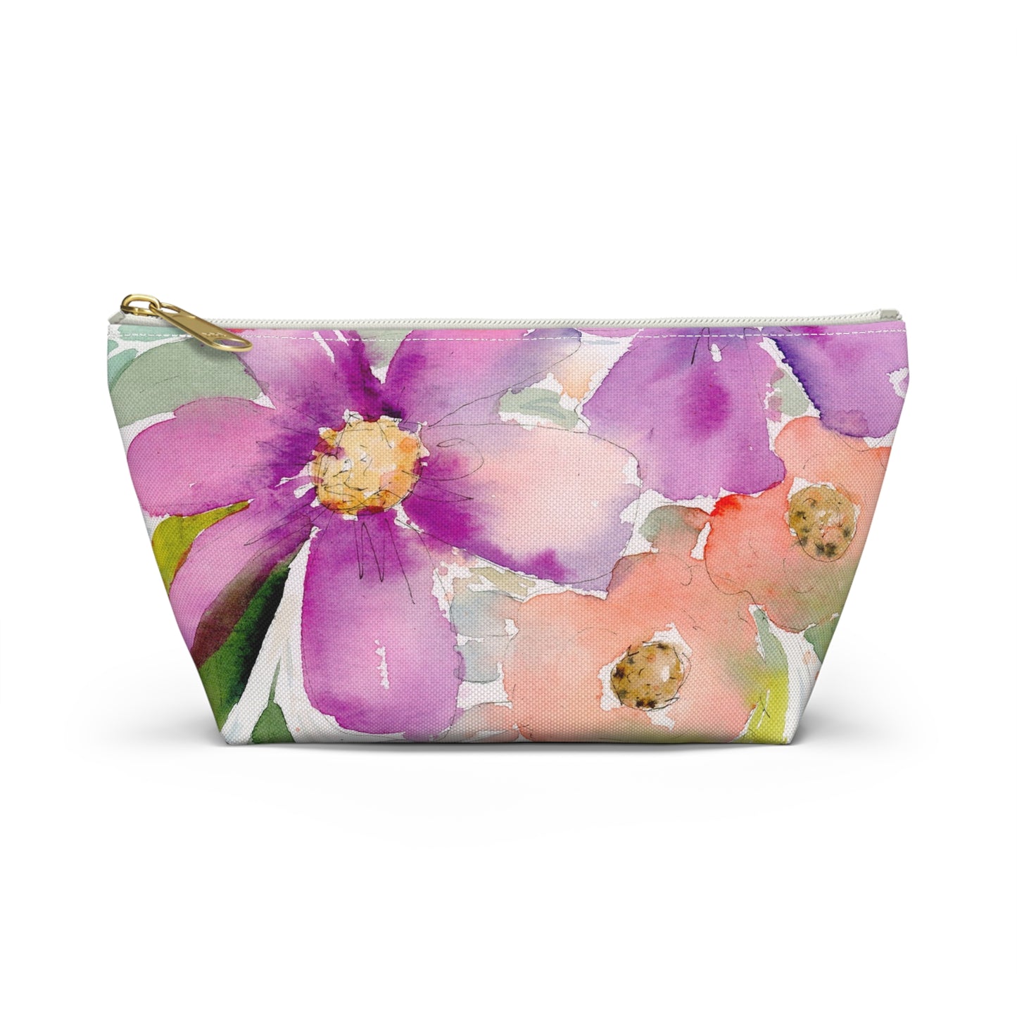 Purple & Peach Flower Zipper Bag, Watercolor Accessory Pouch w T-bottom, Small Zipper Bag for Organization, Makeup Case, School Supplies