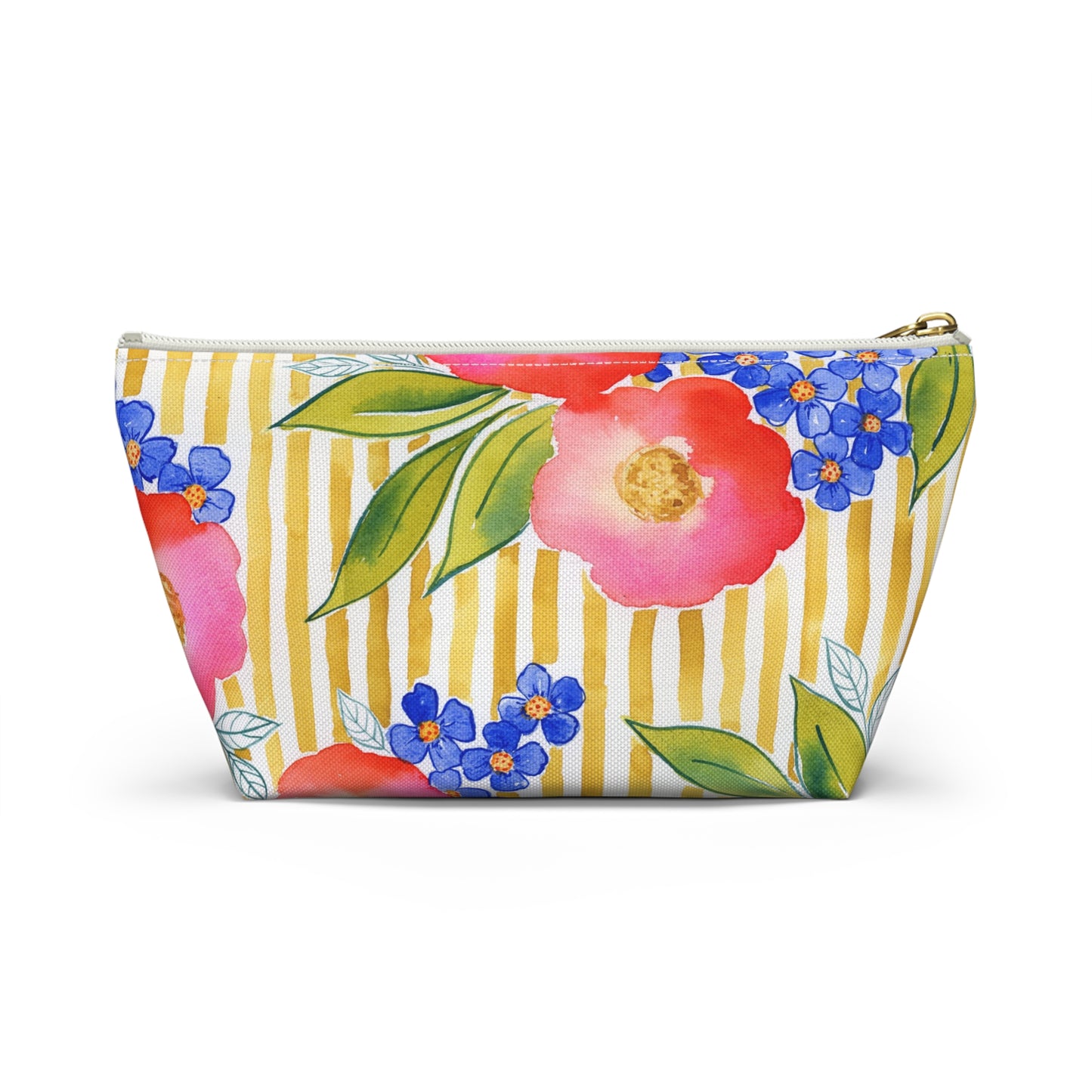 Golden Meadow Zip Pouch, Gold Striped Floral Fun Accessory Pouch w T-Bottom, Petals & Pinstripes