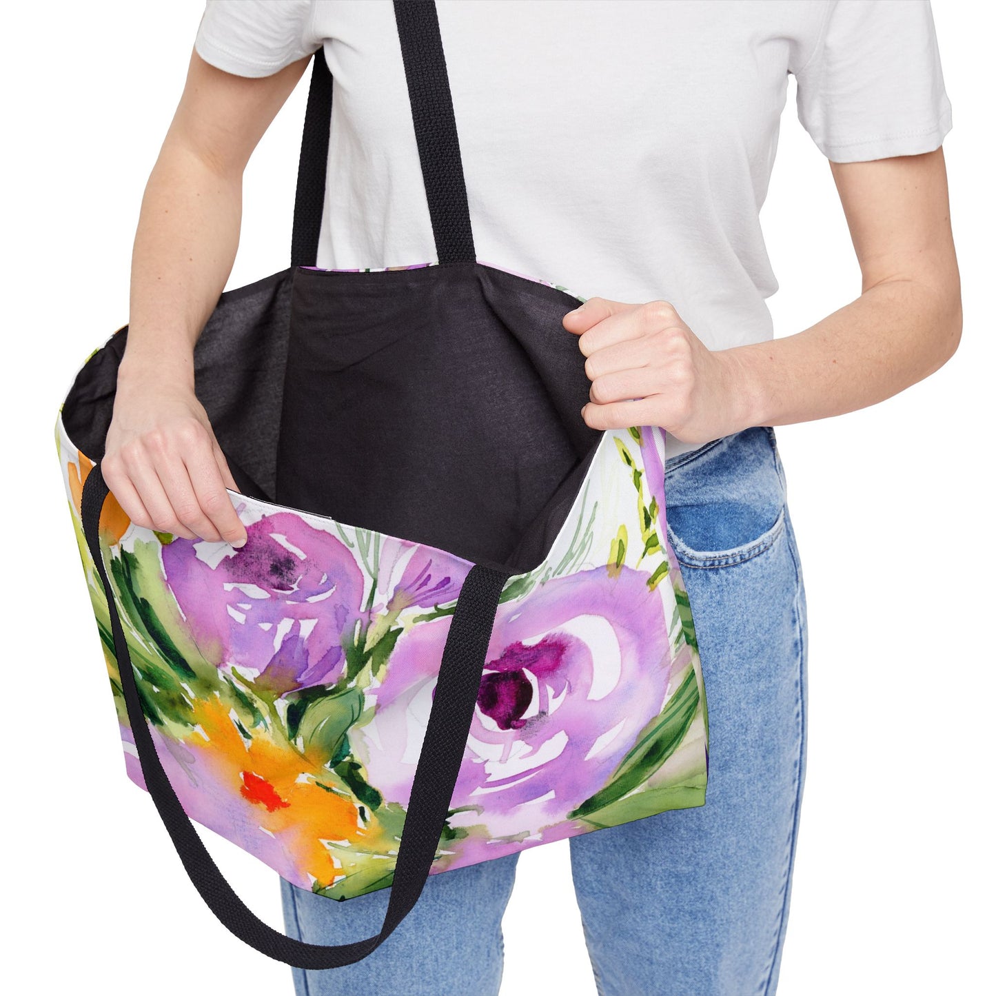 Purple Floral Weekender Tote Bag - Large Flower Watercolor Tote, Great Gift for Mom, Teachers, Graduation - Travel Tote, Collage Bag,