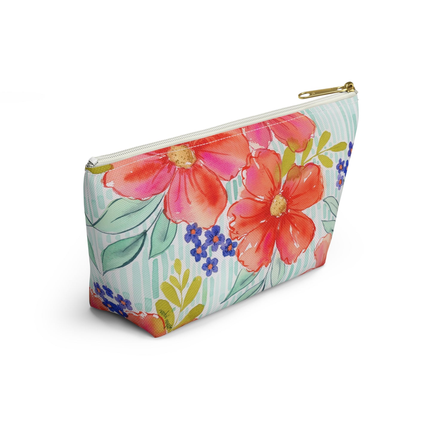 Citrus Splash Zip Pouch, Aqua Striped Orange Floral Organizer