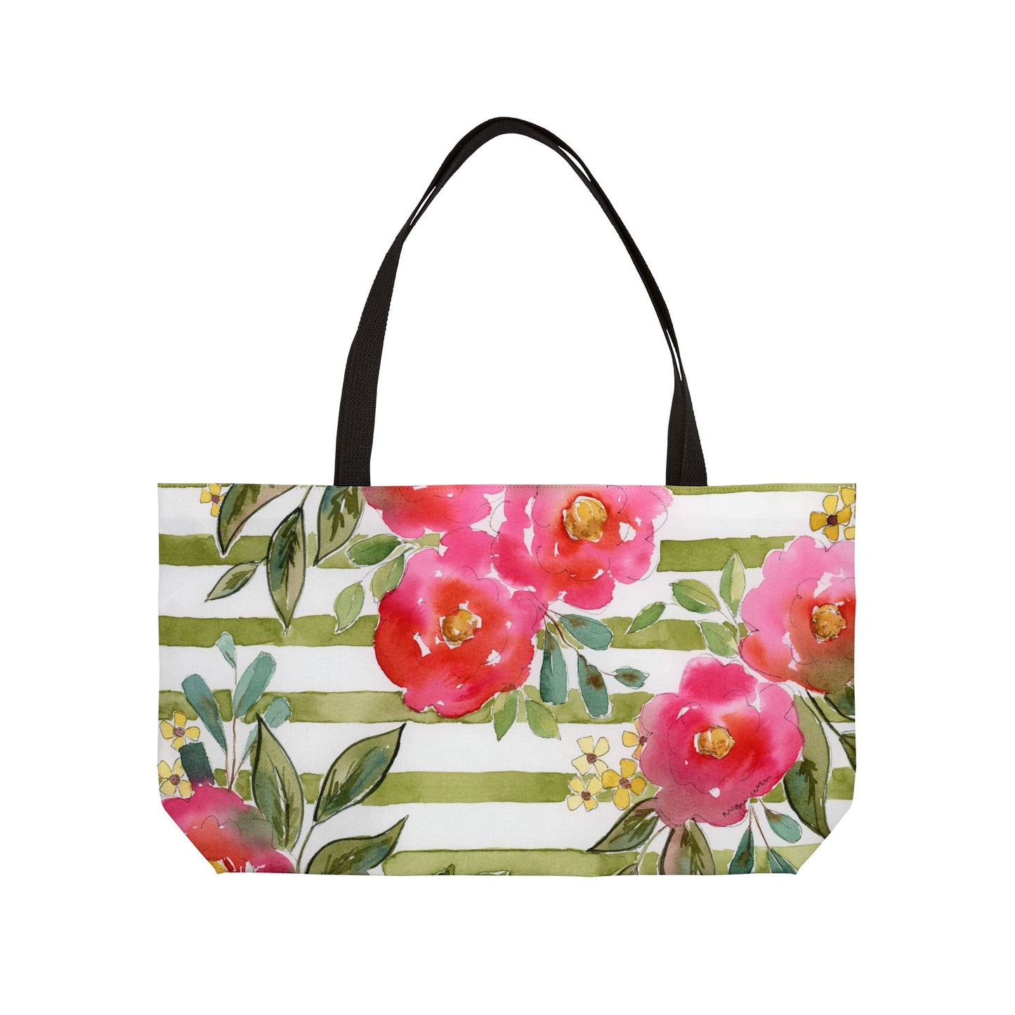 Sweet Pea Weekender Tote Bag, Pink & Green Striped Floral Bloom Weekender Tote