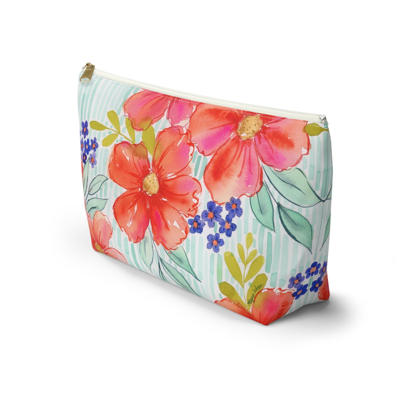 Citrus Splash Zip Pouch, Aqua Striped Orange Floral Organizer