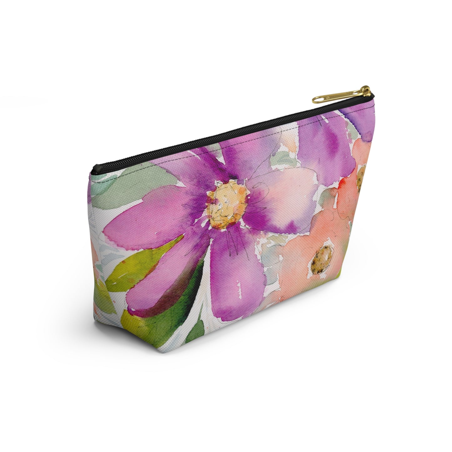 Purple & Peach Flower Zipper Bag, Watercolor Accessory Pouch w T-bottom, Small Zipper Bag for Organization, Makeup Case, School Supplies