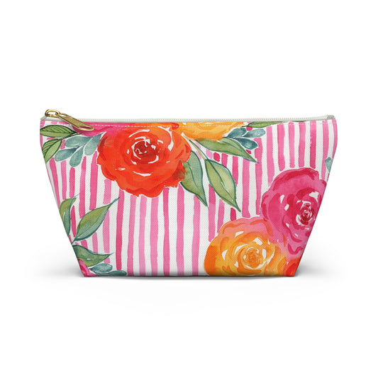 Pink Queen Pouch, Hot Pink Floral Zip Pouch, Part of the Petals & Pinstripe Collection