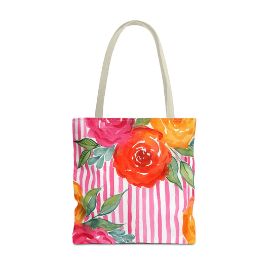 Pink Queen Floral Striped Tote Bag, Petals & Pinstripe Collection, Hot Pink Bold Floral Bag