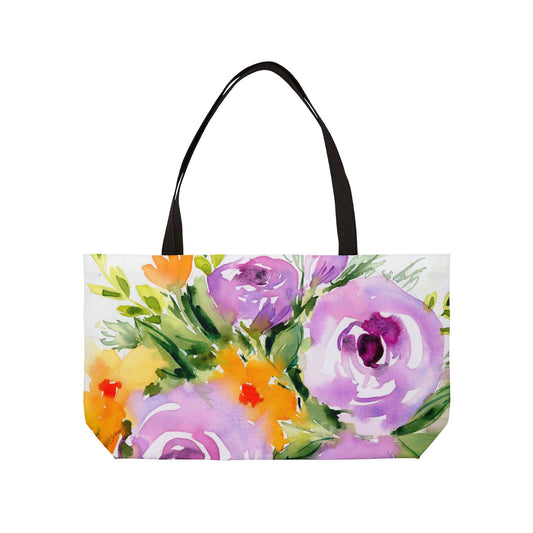 Purple Floral Weekender Tote Bag - Large Flower Watercolor Tote, Great Gift for Mom, Teachers, Graduation - Travel Tote, Collage Bag,