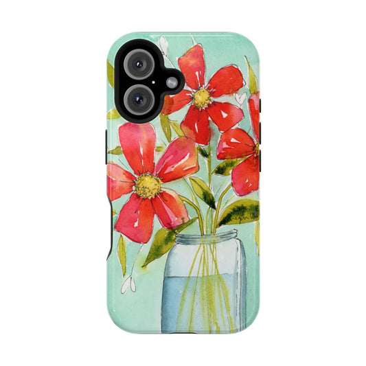 Watercolor Blooms Phone Case, Magnetic Red Flowers in Jar Phone Case