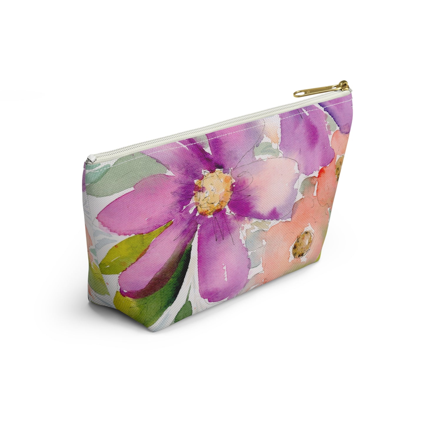 Purple & Peach Flower Zipper Bag, Watercolor Accessory Pouch w T-bottom, Small Zipper Bag for Organization, Makeup Case, School Supplies
