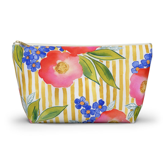 Golden Meadow Zip Pouch, Gold Striped Floral Fun Accessory Pouch w T-Bottom, Petals & Pinstripes