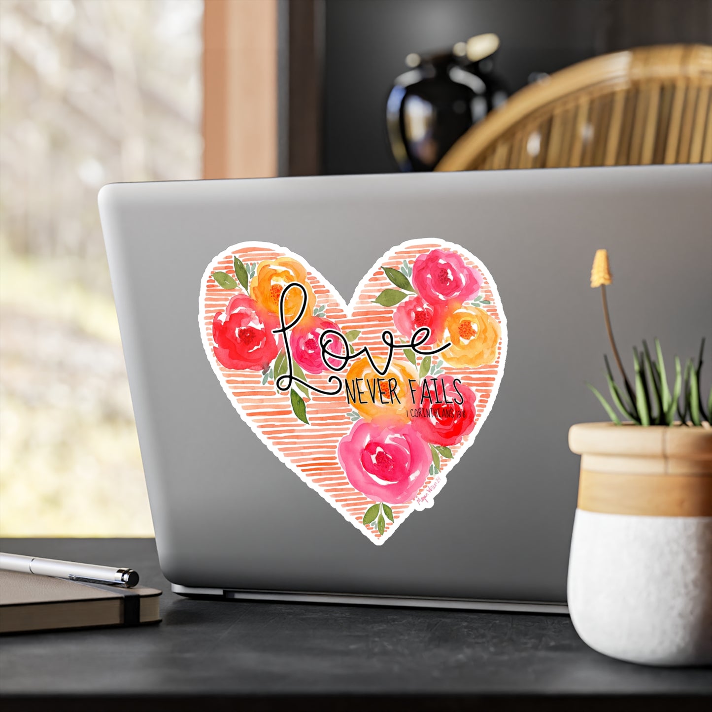 Floral Heart Watercolor Sticker 'Love Never Fails' indoor/outdoor decal