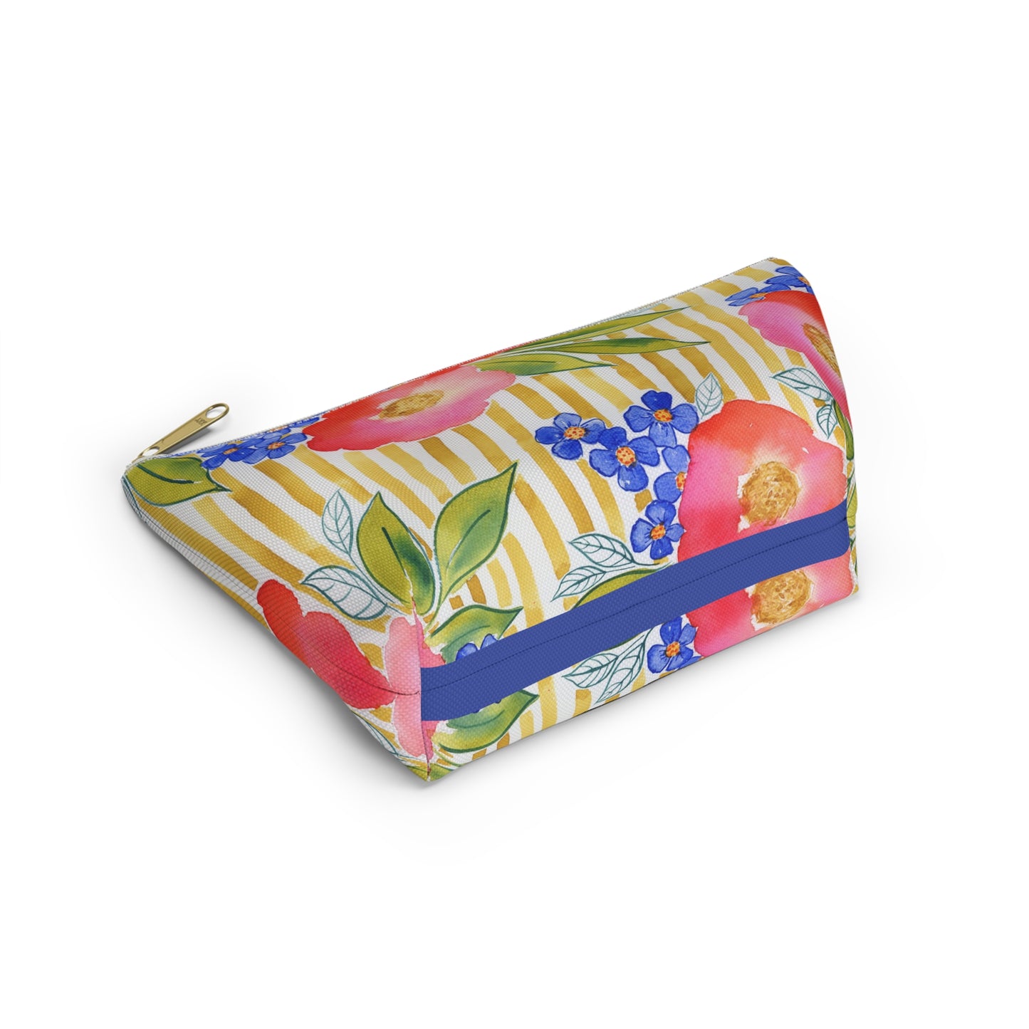 Golden Meadow Zip Pouch, Gold Striped Floral Fun Accessory Pouch w T-Bottom, Petals & Pinstripes