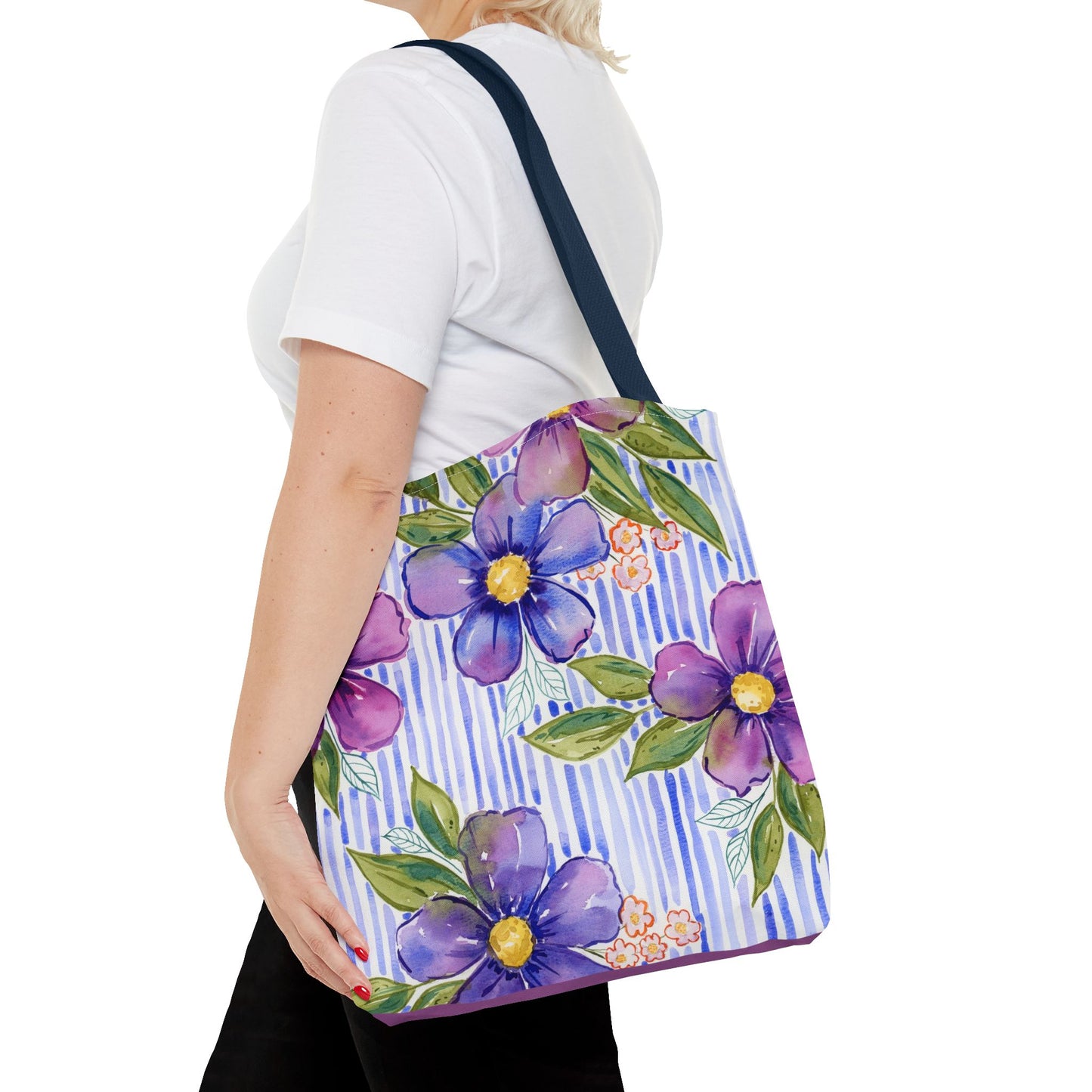 Lavender Lane Floral Striped Tote Bag, Petals & Pinstripe Collection, Lavender, Purple, Blue and Violet Hues Floral Bag