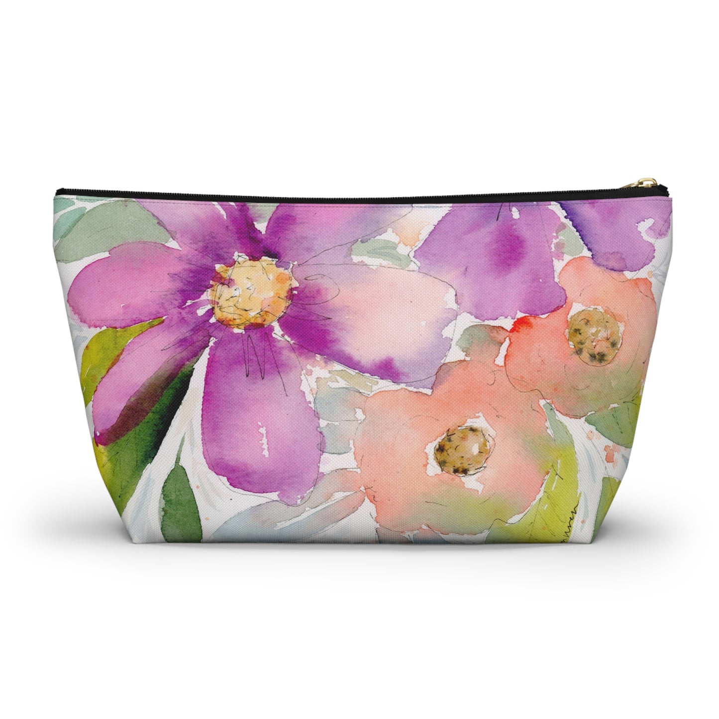 Purple & Peach Flower Zipper Bag, Watercolor Accessory Pouch w T-bottom, Small Zipper Bag for Organization, Makeup Case, School Supplies