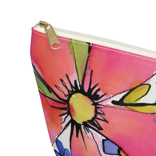 Small Floral Print Bag, Accessory Pouch w T-Bottom, Flower Pouch, Makeup Bag, Travel Organizer, Gift for Her, Back to School,  Floral Bag