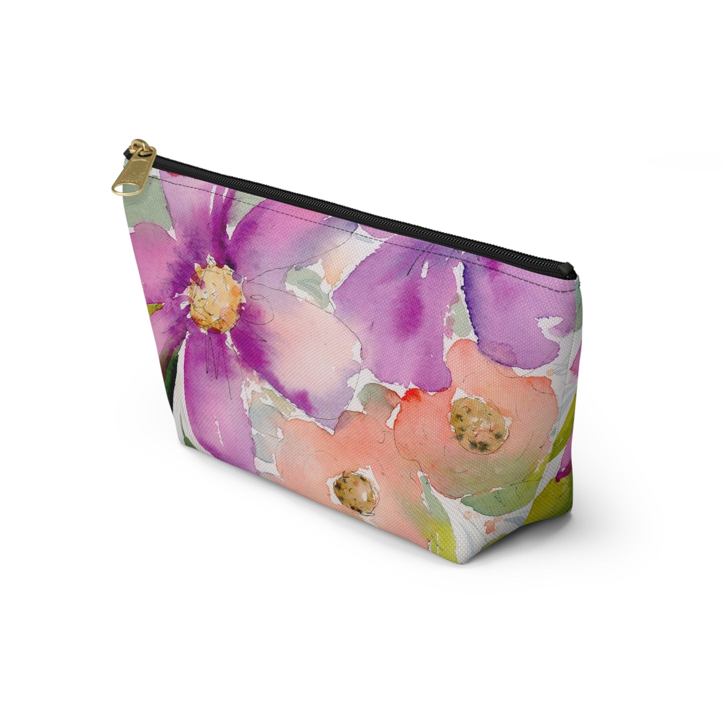 Purple & Peach Flower Zipper Bag, Watercolor Accessory Pouch w T-bottom, Small Zipper Bag for Organization, Makeup Case, School Supplies
