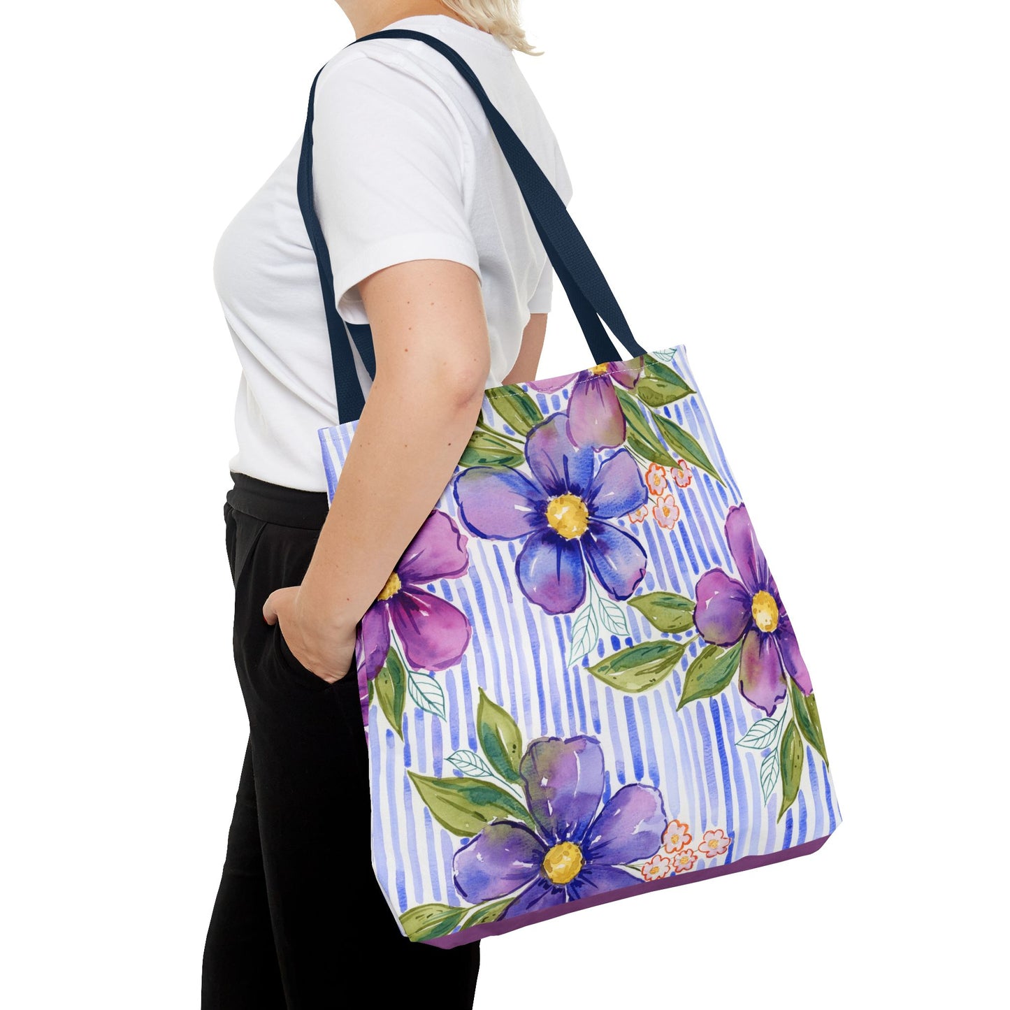 Lavender Lane Floral Striped Tote Bag, Petals & Pinstripe Collection, Lavender, Purple, Blue and Violet Hues Floral Bag