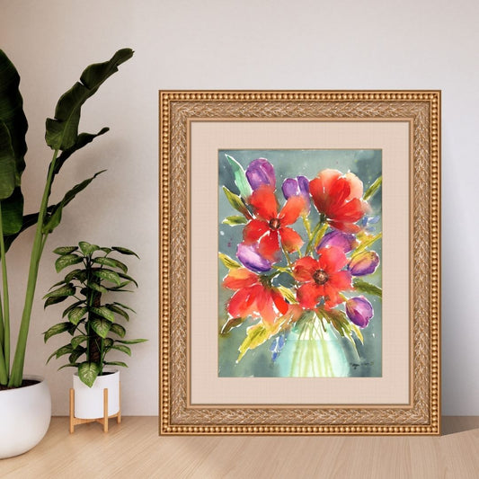 Loose Red Floral Print, Red Floral Watercolor Fine Art Print, Red Flowers with Purple Blooms