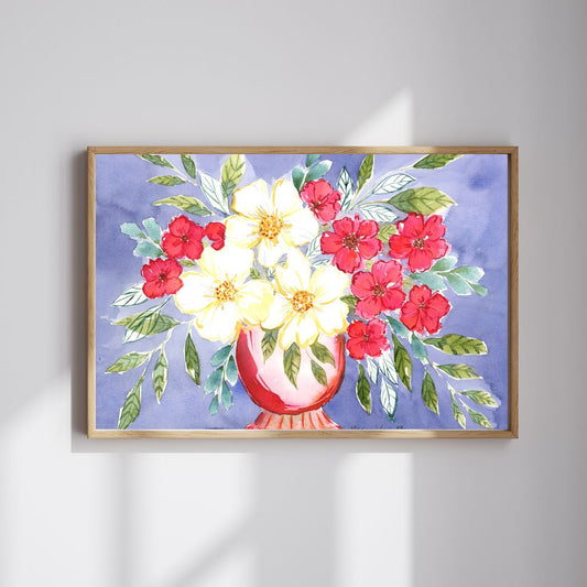 Colorful Bloom Print, White Blooms Watercolor Fine Art Print, Cranberry Color, with Big White Blooms Print