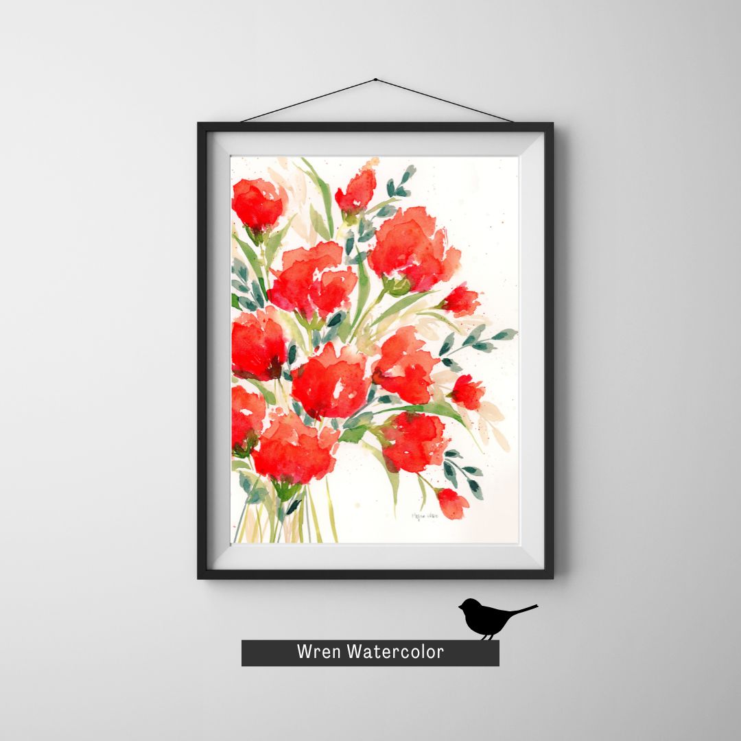 Red Watercolor Floral Print, Red Blooms, Loose Red Watercolor Flowers Fine Art Prints, Red Floral Print