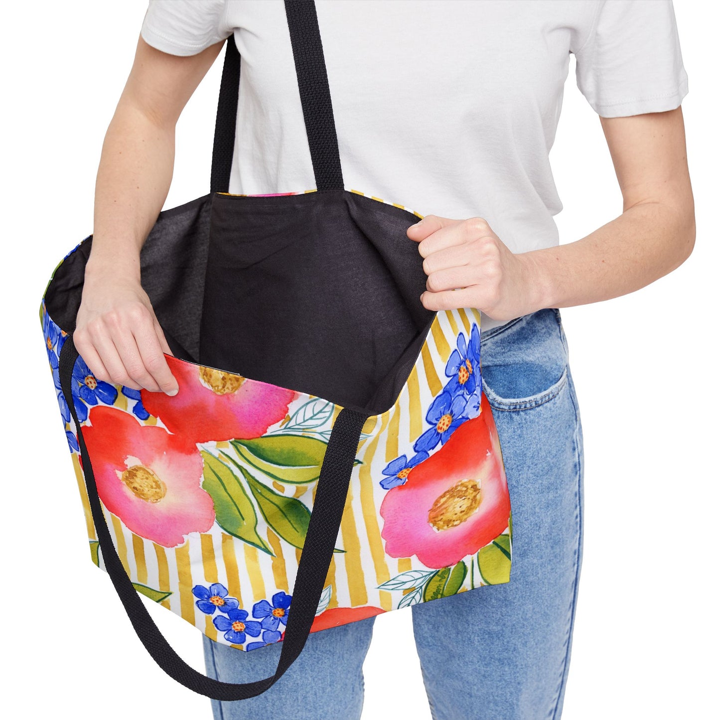 Golden Meadow Weekender Tote, Gold Striped Floral Bloom Watercolor Weekender Tote Bag