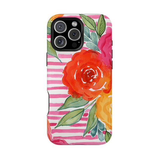 Pink Queen Magnetic Phone Case, Pink Floral Striped Phone Case
