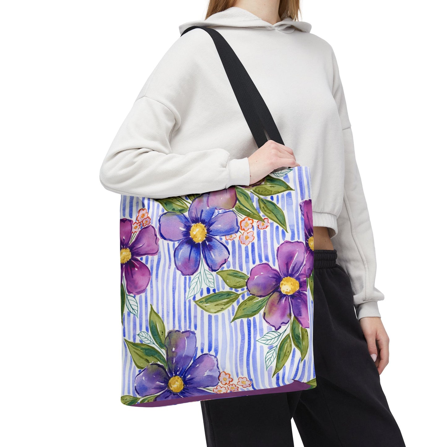 Lavender Lane Floral Striped Tote Bag, Petals & Pinstripe Collection, Lavender, Purple, Blue and Violet Hues Floral Bag
