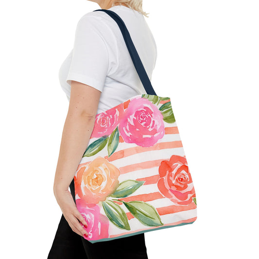Peachy Keen Floral Striped Tote Bag, Petals & Pinstripe Collection, Peach, Pink, Green Floral Bag