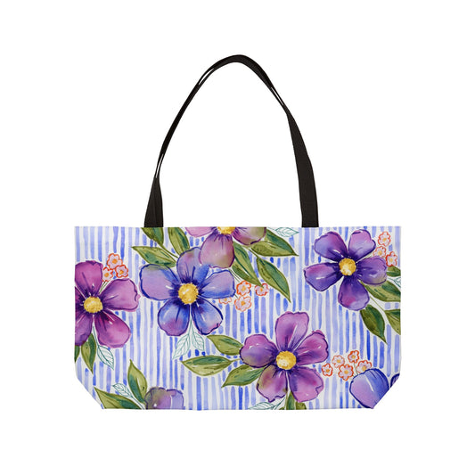 Lavender Lane Weekender Tote, Striped Floral Bloom Watercolor Weekender Tote Bag
