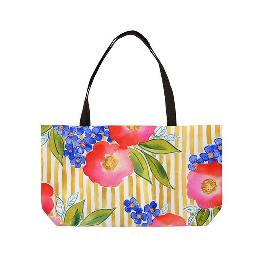 Golden Meadow Weekender Tote, Gold Striped Floral Bloom Watercolor Weekender Tote Bag