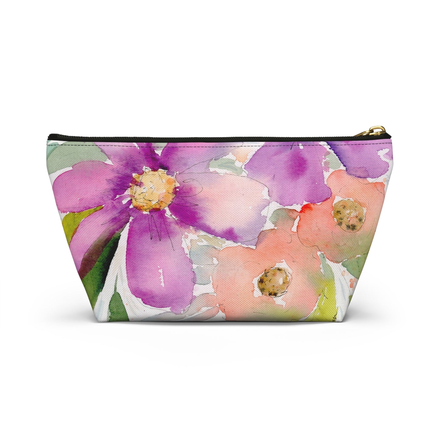Purple & Peach Flower Zipper Bag, Watercolor Accessory Pouch w T-bottom, Small Zipper Bag for Organization, Makeup Case, School Supplies