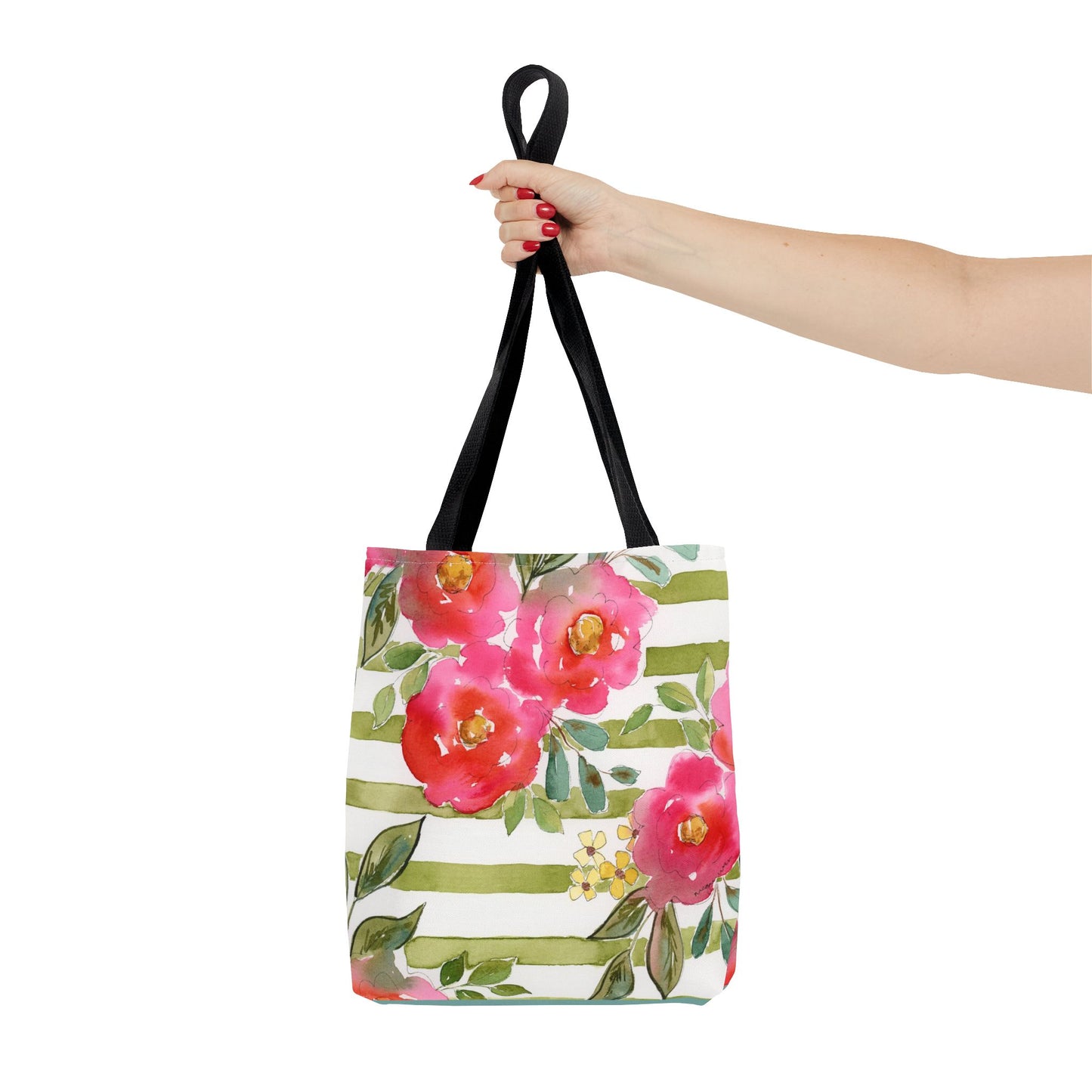 Sweet Pea Floral Striped Tote Bag, Petals & Pinstripe Collection, Pink & Green Floral Bag