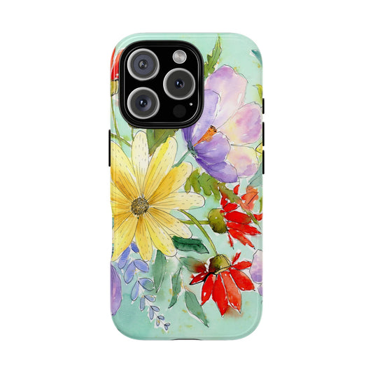 iPhone Case With Flowers, Colorful Phone Case, Floral Watercolor Tough Case, Flower Painted Phone Cover, Protective Phone Shell, Vibrant