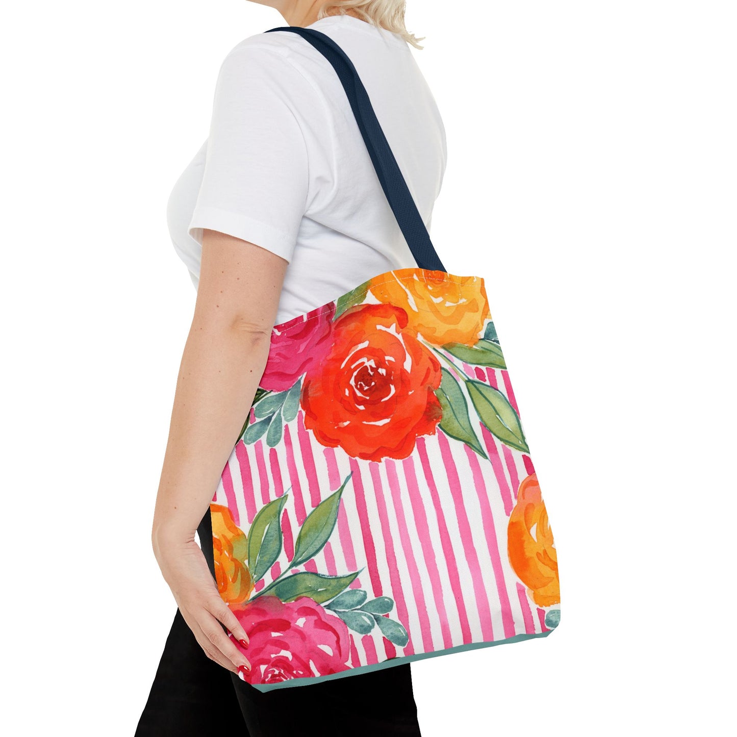 Pink Queen Floral Striped Tote Bag, Petals & Pinstripe Collection, Hot Pink Bold Floral Bag