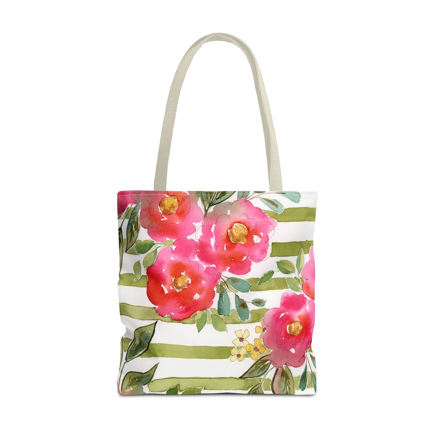 Sweet Pea Floral Striped Tote Bag, Petals & Pinstripe Collection, Pink & Green Floral Bag
