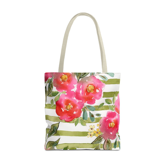 Sweet Pea Floral Striped Tote Bag, Petals & Pinstripe Collection, Pink & Green Floral Bag