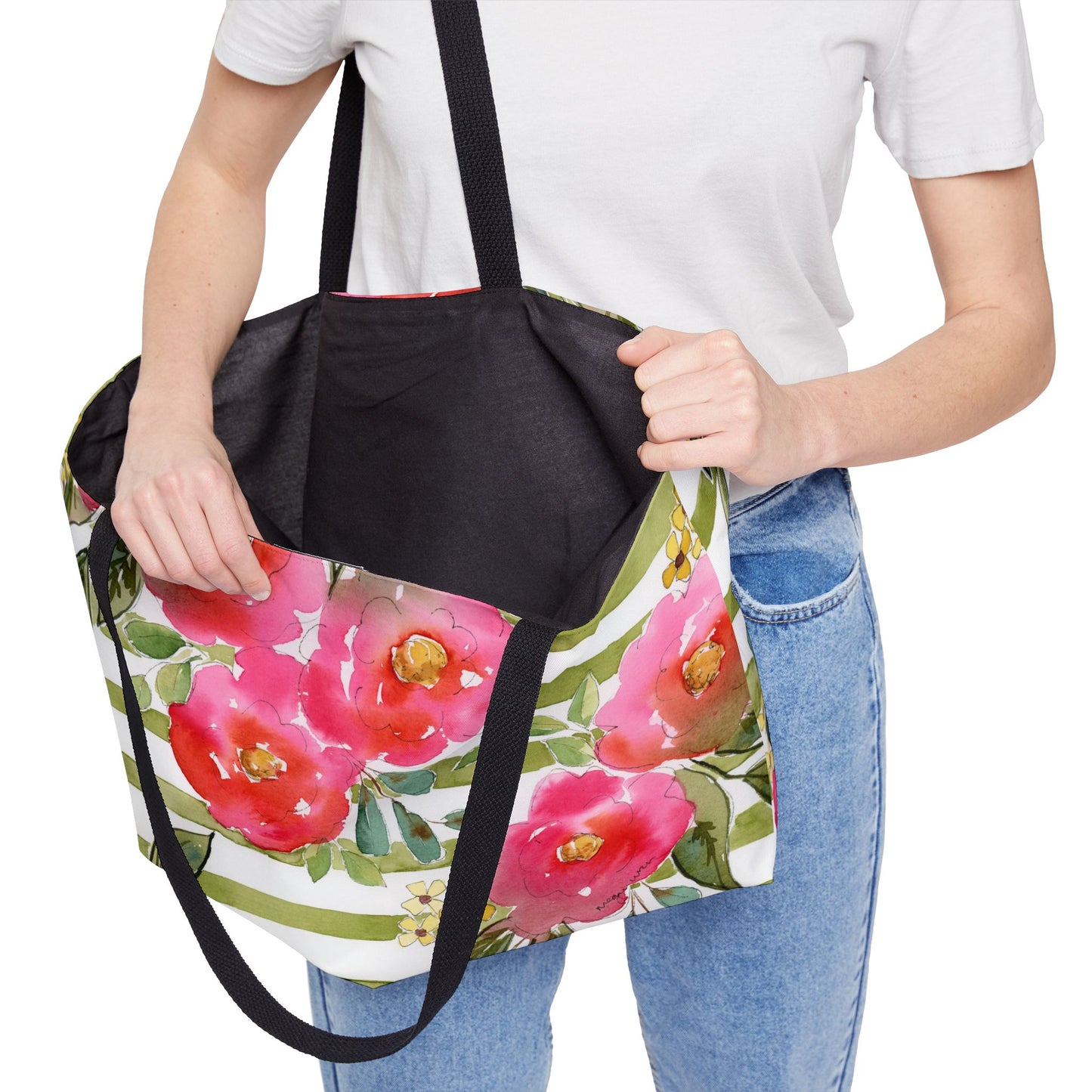 Sweet Pea Weekender Tote Bag, Pink & Green Striped Floral Bloom Weekender Tote