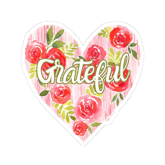 Grateful Red Floral Heart Sticker