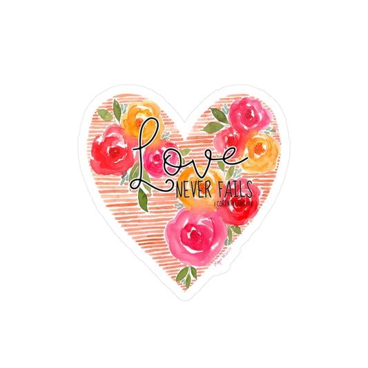 Floral Heart Watercolor Sticker 'Love Never Fails' indoor/outdoor decal