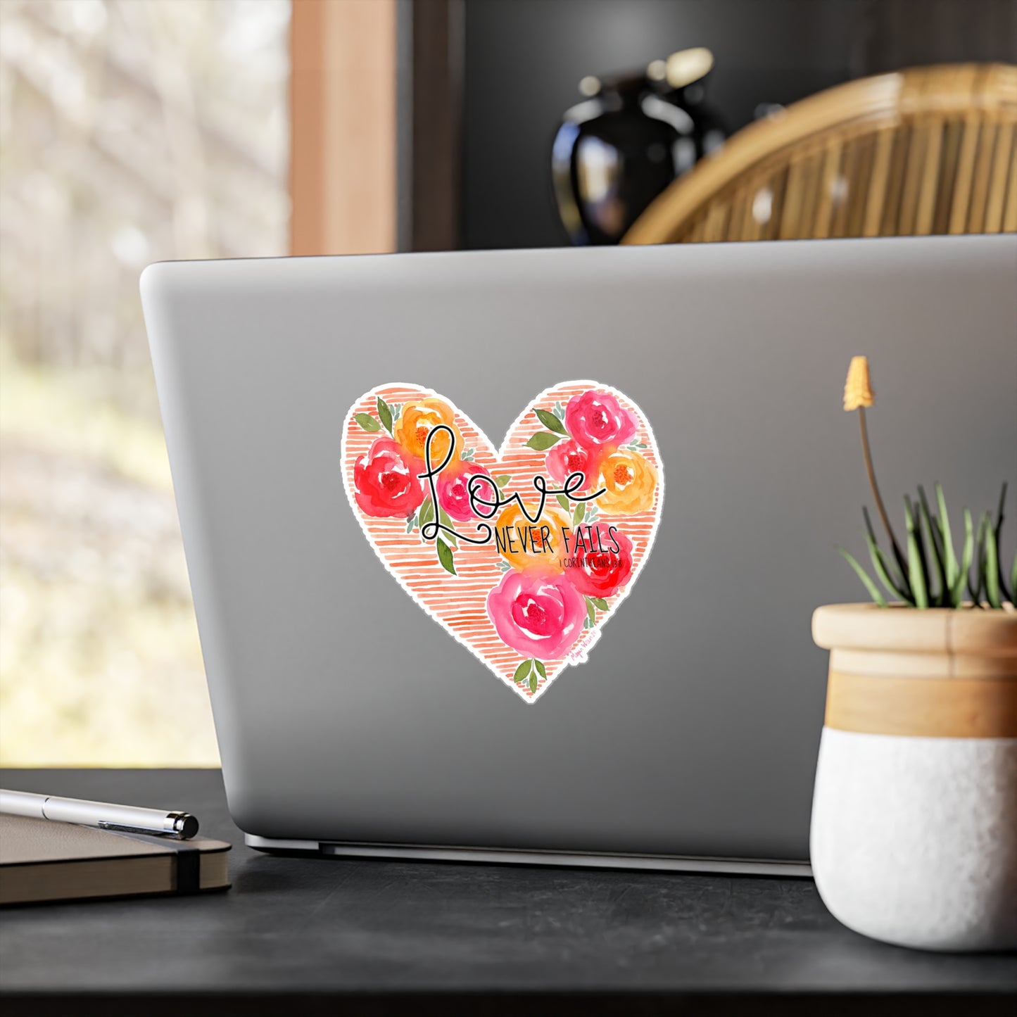 Floral Heart Watercolor Sticker 'Love Never Fails' indoor/outdoor decal