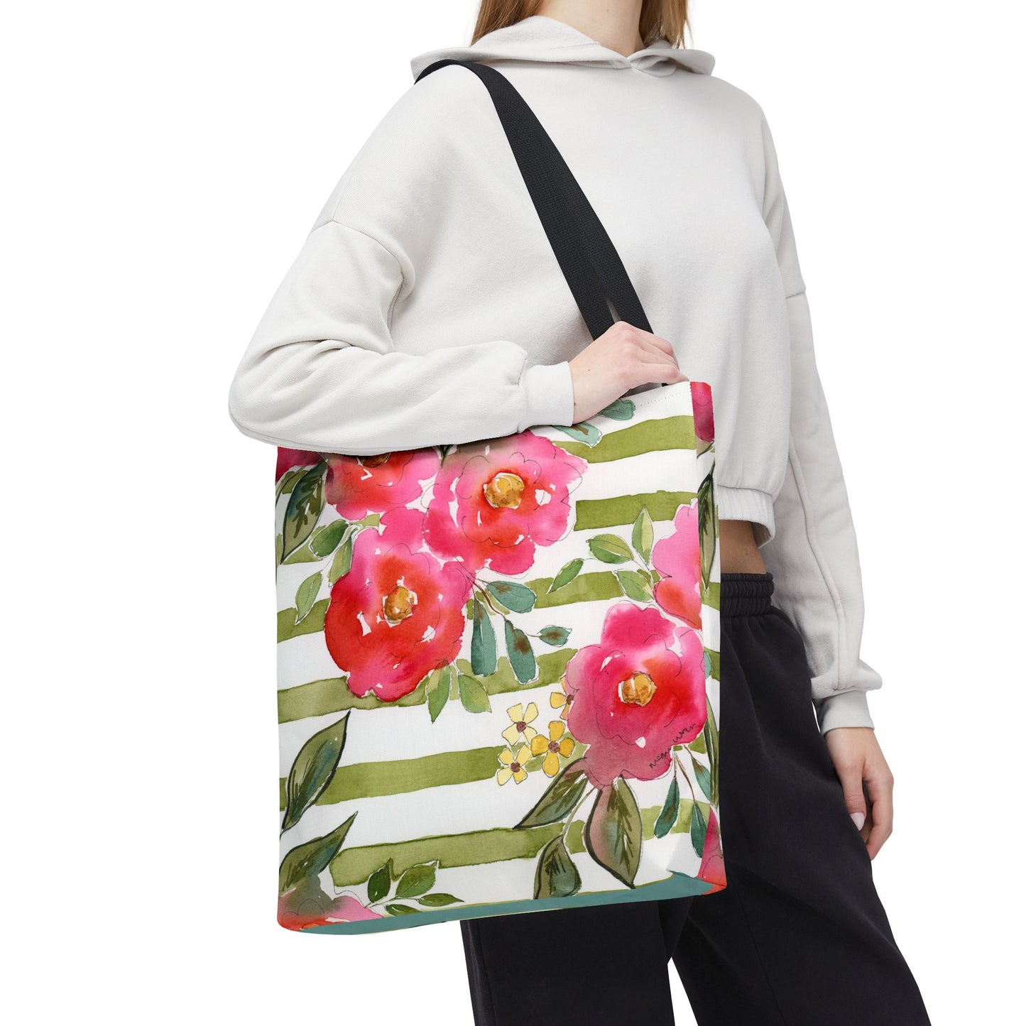 Sweet Pea Floral Striped Tote Bag, Petals & Pinstripe Collection, Pink & Green Floral Bag