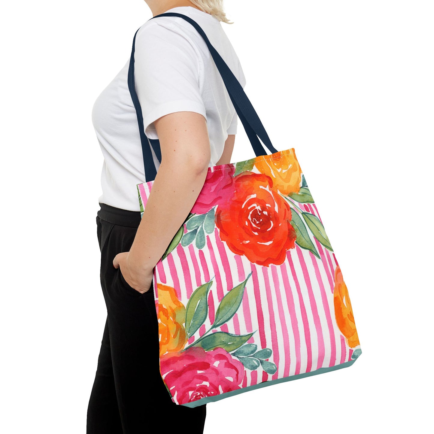 Pink Queen Floral Striped Tote Bag, Petals & Pinstripe Collection, Hot Pink Bold Floral Bag
