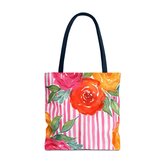 Pink Queen Floral Striped Tote Bag, Petals & Pinstripe Collection, Hot Pink Bold Floral Bag
