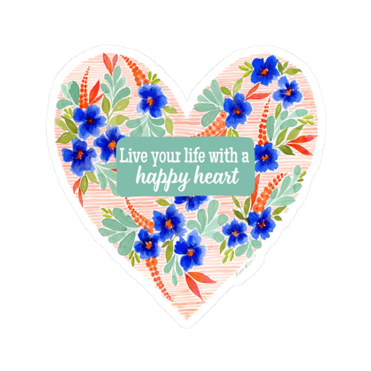 Watercolor Floral Heart Sticker, 'Live your life with a happy heart'