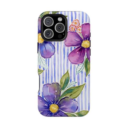 Lavender Lane Magnetic Phone Case, Lavender Blue Striped Floral Magnetic Phone Case