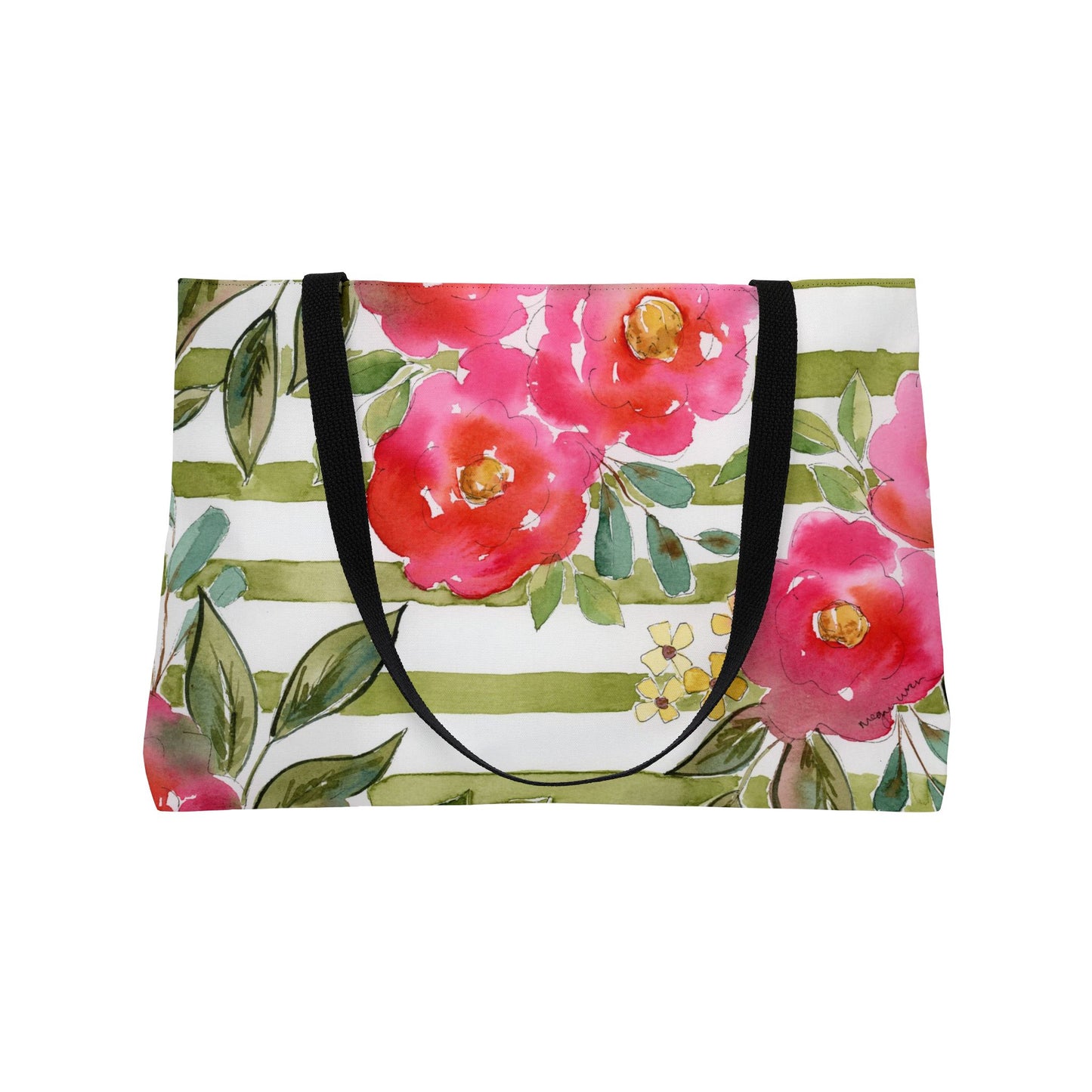 Sweet Pea Weekender Tote Bag, Pink & Green Striped Floral Bloom Weekender Tote