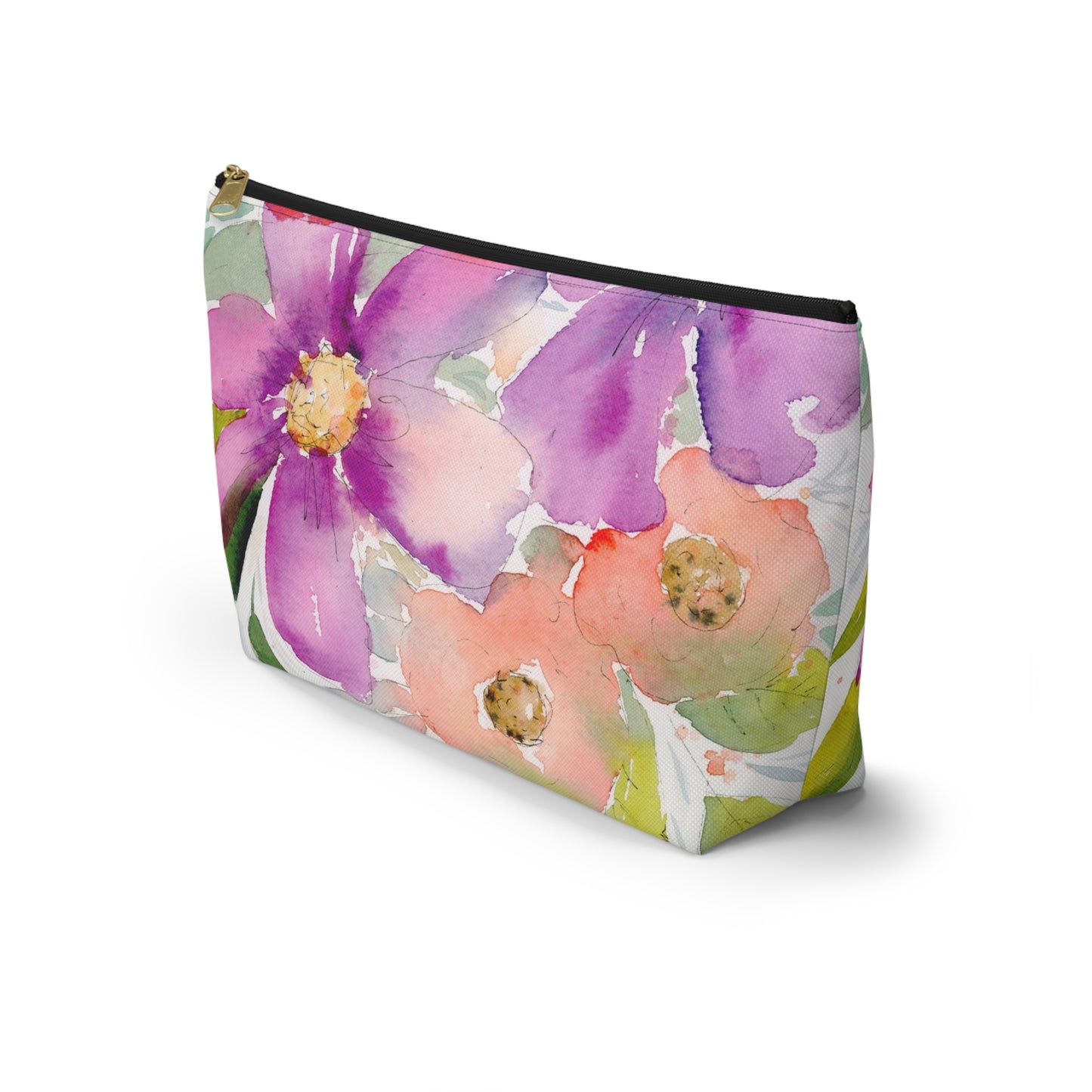 Purple & Peach Flower Zipper Bag, Watercolor Accessory Pouch w T-bottom, Small Zipper Bag for Organization, Makeup Case, School Supplies