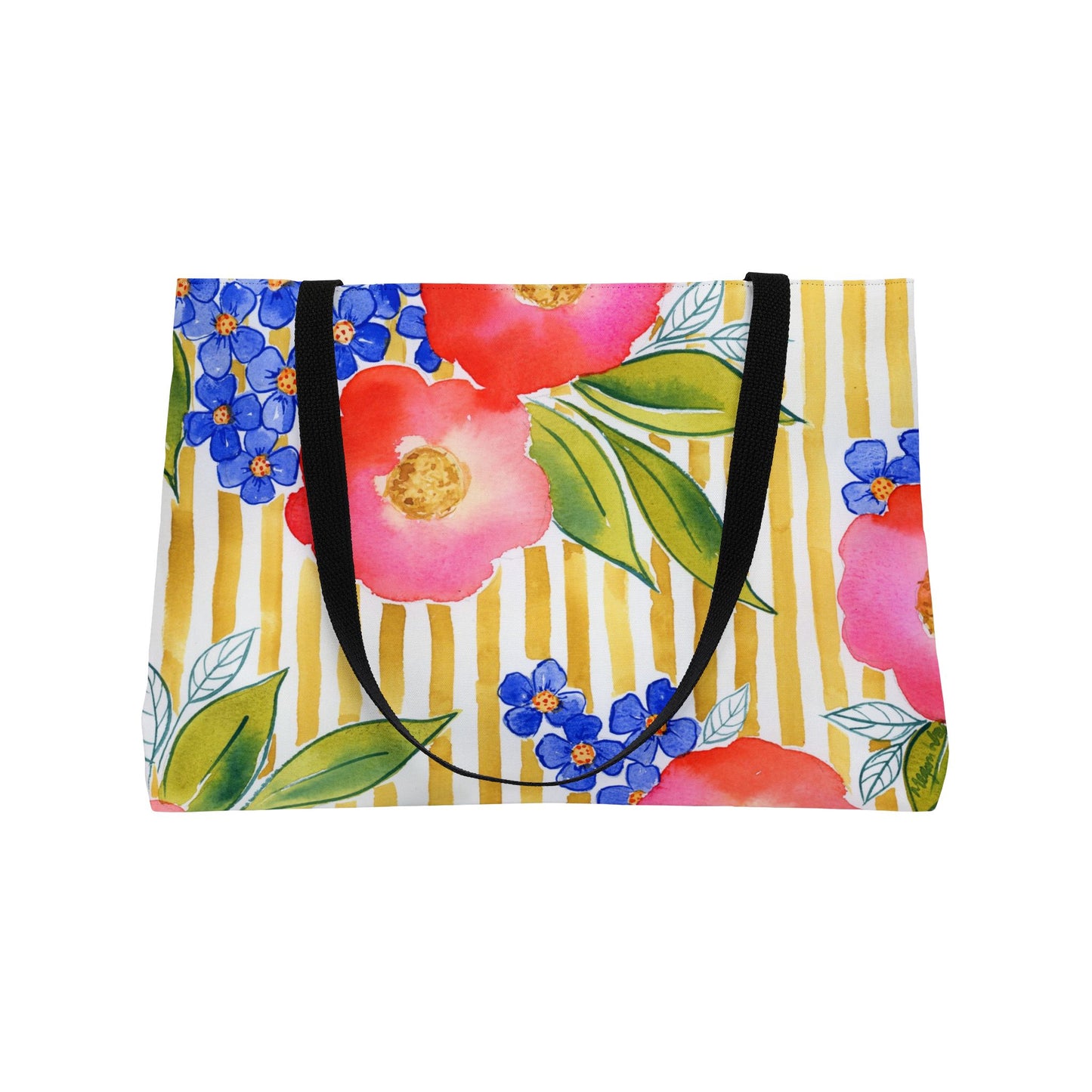 Golden Meadow Weekender Tote, Gold Striped Floral Bloom Watercolor Weekender Tote Bag