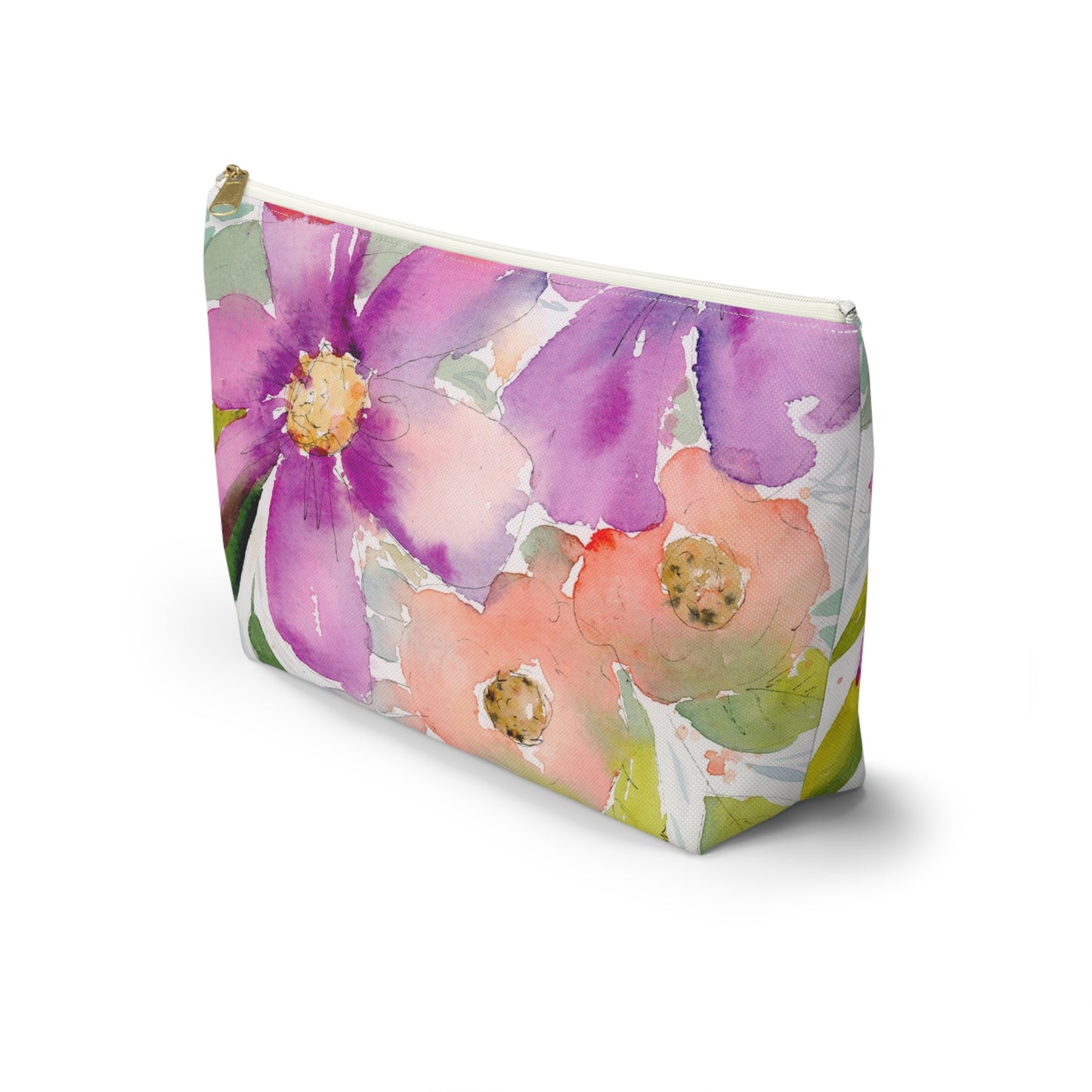 Purple & Peach Flower Zipper Bag, Watercolor Accessory Pouch w T-bottom, Small Zipper Bag for Organization, Makeup Case, School Supplies